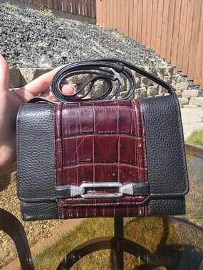 Brighton Black & Deep Burgundy Croc/Heart-Accent Crossbody Wallet Bag